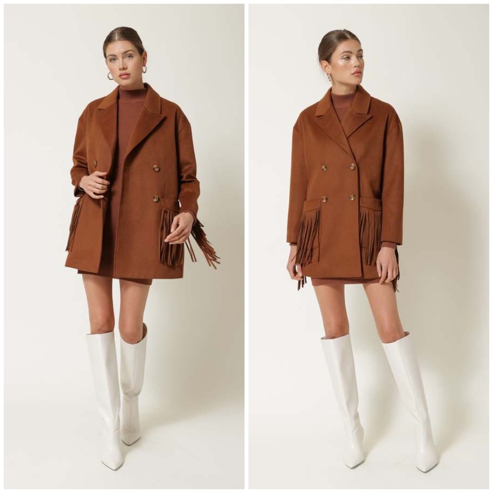 LINE & DOT Jenny Double Breasted Fringe Jacket in Caramel Size XS